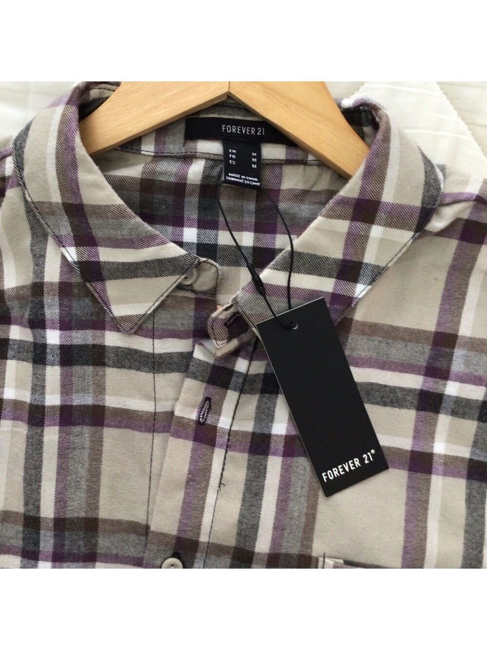 2/40$ FLANNEL plaid checkers Forever 21 oversize Crop blouse plaid beige neutral - Picture 4 of 10